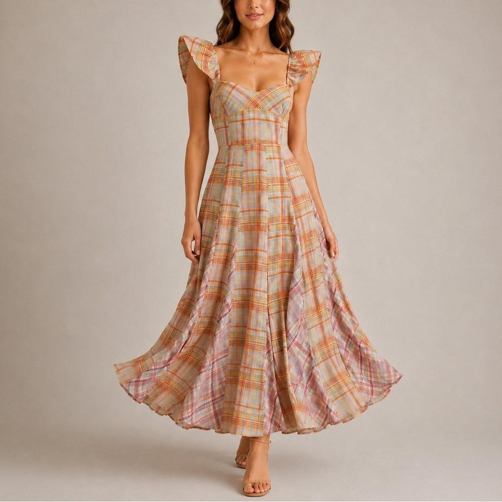 Maeve Anthropologie Plaid Midi Dress XXSP Linen Blend Flutter Sleeve Cottagecore